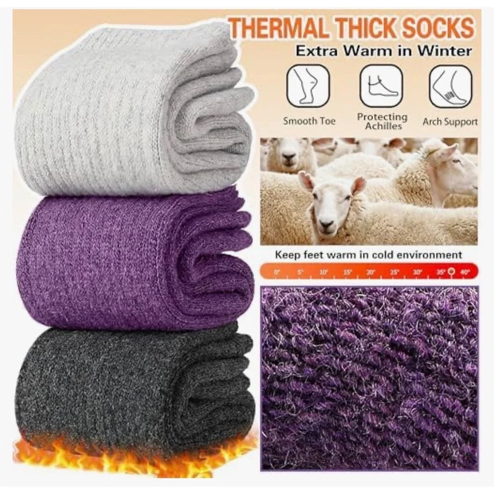 5 Pair Merino Wool Hiking Crew Socks Womens Thermal Thick Moisture Wicking Multi